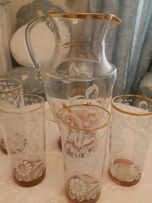 Vintage pitcher set with 5 glasses used, handmade decoration with gold trim