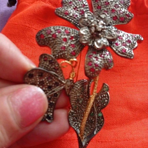 Antique camellia brooch with butterfly, 9k gold and 925 silver