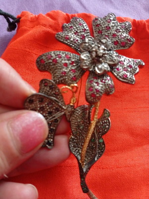 Antique camellia brooch with butterfly, 9k gold and 925 silver