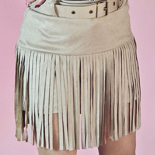 Skirt with fringes and built-in shorts, new, beige brown