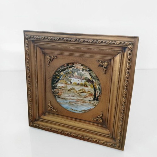 Painted Bavarian porcelain plate with gilded frame like new