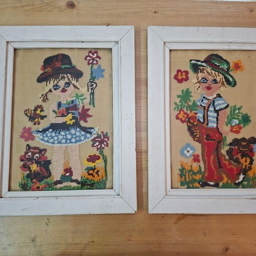 Vintage embroidered textile paintings with white wood frames, 1960s