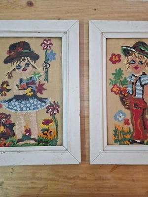 Vintage embroidered textile paintings with white wood frames, 1960s