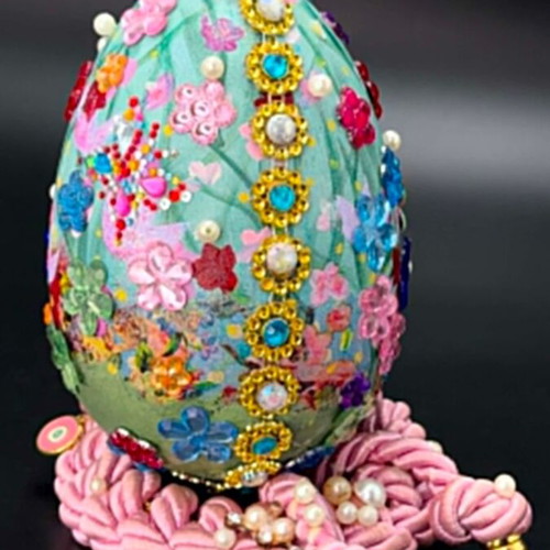 Handmade decorative plastic egg with floral design and beads, new