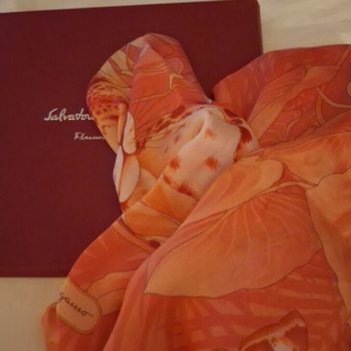 Salvatore Ferragamo silk scarf, apricot color, jungle design
