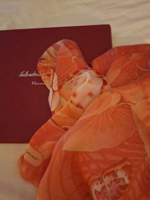 Salvatore Ferragamo silk scarf, apricot color, jungle design