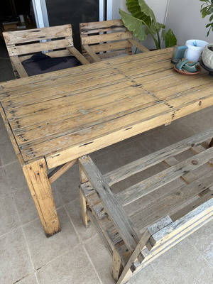 Handmade wooden table set with chairs and bench used