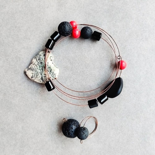 Jewelry set bracelet and ring from volcanic stones like new