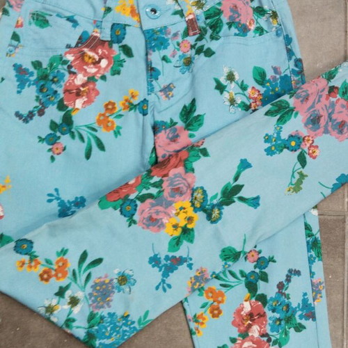 Jeans pants with flowers new, turquoise, size S