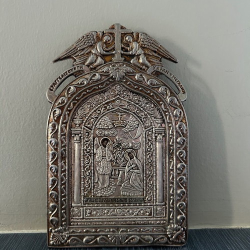 Religious icon of Panagia Tinos used, silver with 24k gold plating