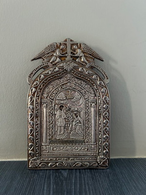 Religious icon of Panagia Tinos used, silver with 24k gold plating
