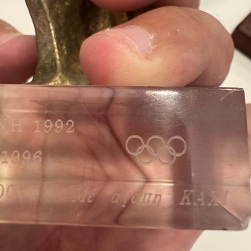 Olympic Weightlifting Commemorative Gift like new, bronze with plexiglass base