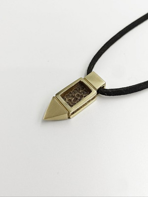 "Origin" handmade brass pendant new with black suede cord