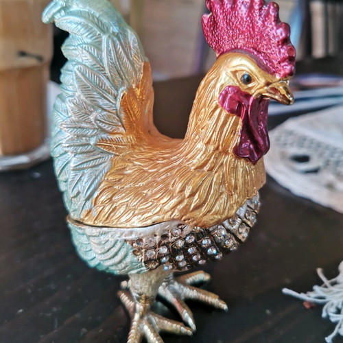 Vintage jewelry box with rooster design and Swarovski crystals used