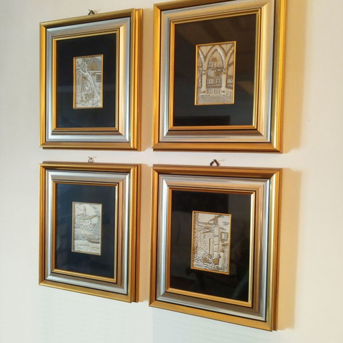 Set of 4 Handmade .925 Silver Relief Paintings new