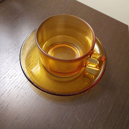 Vintage honey-colored cup with saucer from the 70s used, rare
