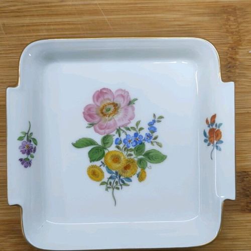 Meissen square plate handmade, vintage, like new with gold trim