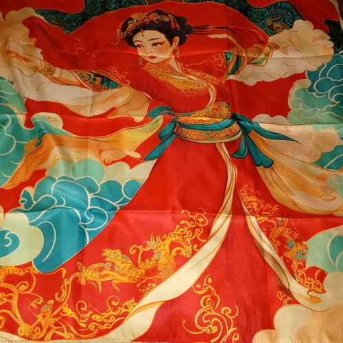 Satin scarf new, square 45x45 cm, red multicolor