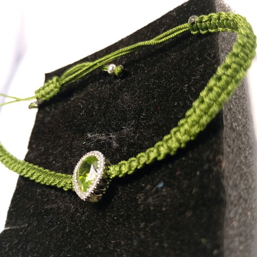 Macrame Bracelet Green with Peridot 7x9 and White Zircons Silver 925 New