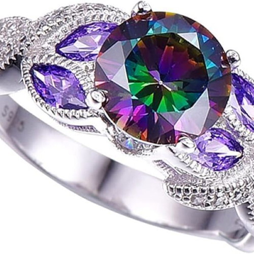 Women's ring new with rainbow cubic zirconia and amethysts
