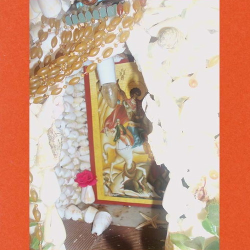 Handmade Icon Stand with Seashells used, folk art