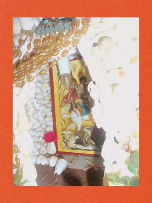 Handmade Icon Stand with Seashells used, folk art