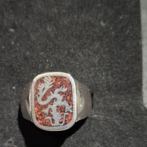 Silver men's signet ring 925 vintage dragon red mosaic used
