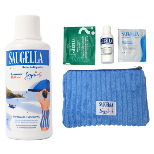 Saugella Seguimi Summer Gift Set καινούργιο με τσαντάκι, υγρό καθαρισμού, μαντηλάκια και sachet pH 4.5