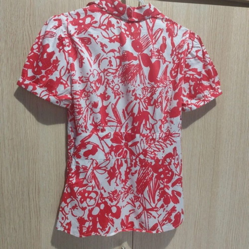 Sarah Lawrence women's short sleeve blouse used, white and red, size S