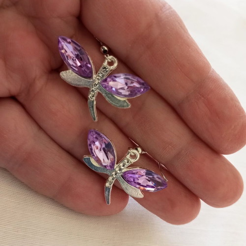 Dragonfly earrings new with purple crystals and rhinestones in silver steel