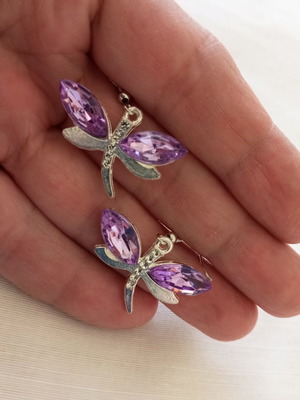 Dragonfly earrings new with purple crystals and rhinestones in silver steel