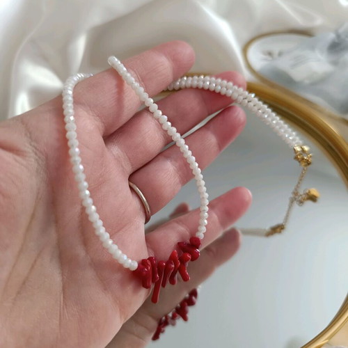 Handmade steel necklace with white crystals and red corals