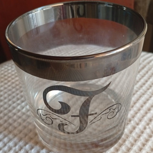 Vintage lowball glass with silver band and monogram F