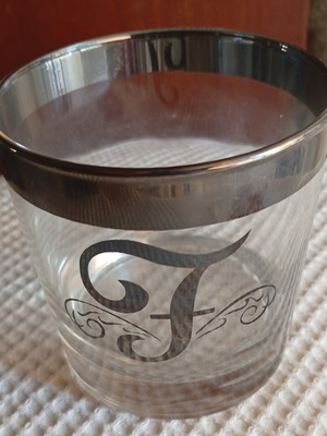 Vintage lowball glass with silver band and monogram F