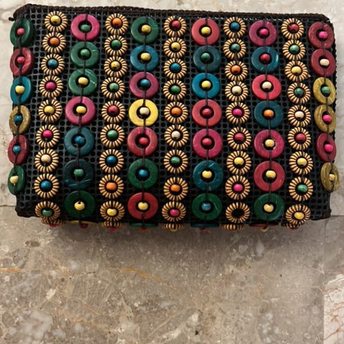 Handbag clutch with beads, handmade, multicolored
