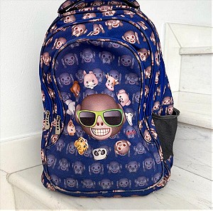 Τσάντα τροχήλατη με ροδάκια και emoji μαϊμουδάκια μπλε αρκετά μεγάλη για τάξη δημοτικού με τσέπες