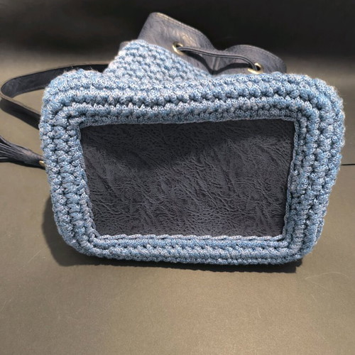 Knitted handmade shoulder bag blue new with leather details