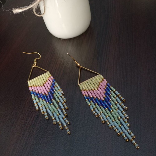Handmade earrings with pastel tassels, gold triangle and steel hook