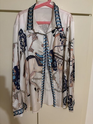 Satin printed shirt with horses and chains, size S