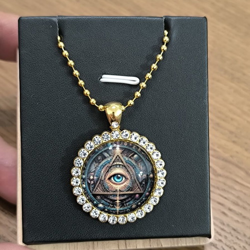 All Seeing Eye Necklace gold color with rhinestones, new