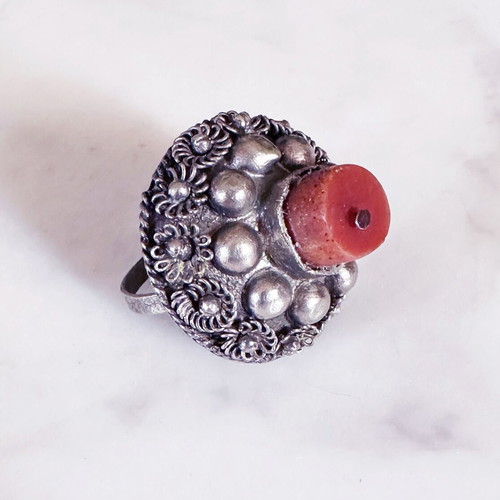 Ethnic ring used with natural coral stone