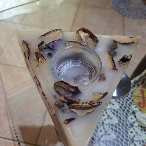 Triangle Candle with Glass Holder and Dried Leaves, Like New