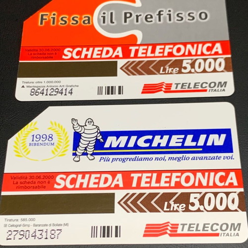 Telecom Italia Michelin 1998 L.5000 phone cards used, pack of 2