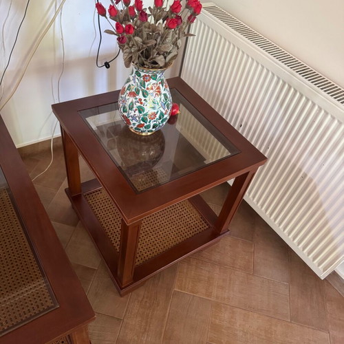 Set of 3 classic coffee tables with rattan like new
