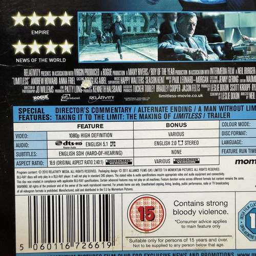Limitless Blu-Ray like new, English subtitles