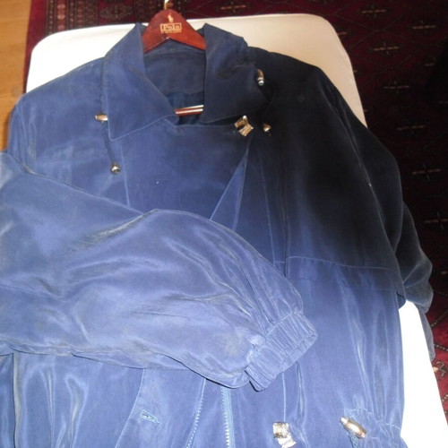 Silk blue jacket like new, long with silver buttons