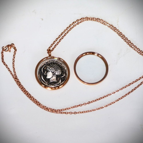 Ancient silver-plated coin pendant - replica - Arethusa, glass case necklace pendant 22K gold-plated