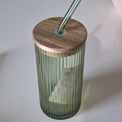 Glass cup with wooden lid and glass straw, green, 330 ml