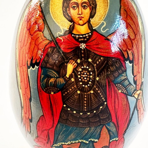 Wooden hand-painted egg with Archangel Michael used, Russia 1980s