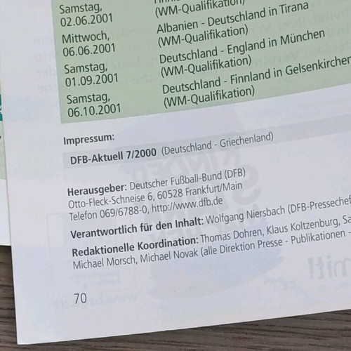 German program Germany-Greece 2001 new, World Cup 2002 qualifiers